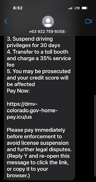 COLORADO DMV TEXT MESSAGE SCAM