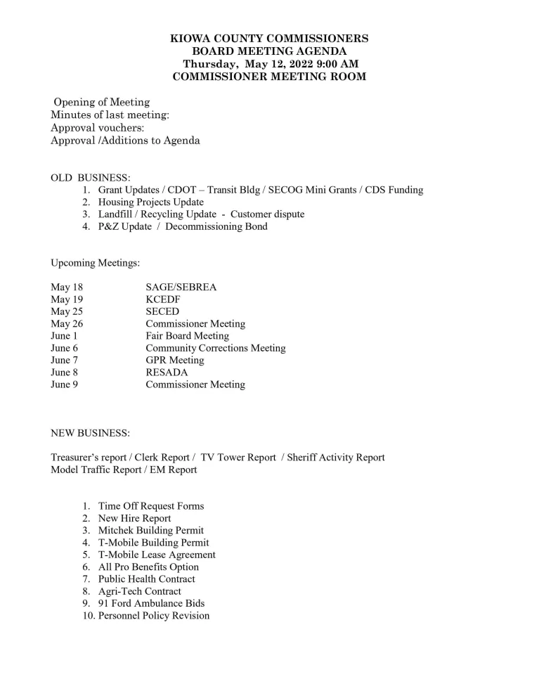 BOCC Meeting agenda 5-12-2022